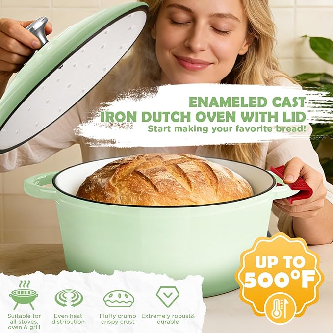 Enameled Cast Iron Dutch Oven Pot with Lid, Incl. Sourdough Bread Baking Supplies Like Banneton Bread Proofing Basket, Starter Jar, Scoring Tool Lame, 5QT Dutch Oven for Bread Baking, Oven Safe up to 500°F