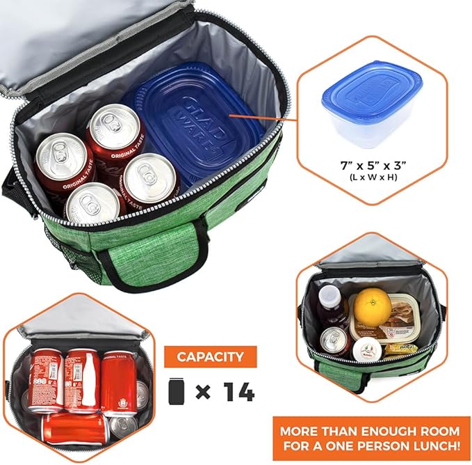 opux Insulated Lunch Bag for Men Women, Leakproof Heather Green Lunch Box for Work, Portable Soft Lunch Cooler Bag with Shoulder Strap, Adult Lunchbox Lunch Pail for Kid Boy Girl School, 14 Can/8L