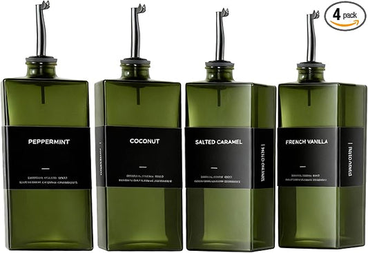 Olive Oil Dispenser Bottle For Kitchen, 17OZ UV-Blocking Oil And Vinegar Dispenser Set Of 4, Soy Sauce Cooking Oil Dispenser with 4 Stainless Steel Pourers & 44 Labels