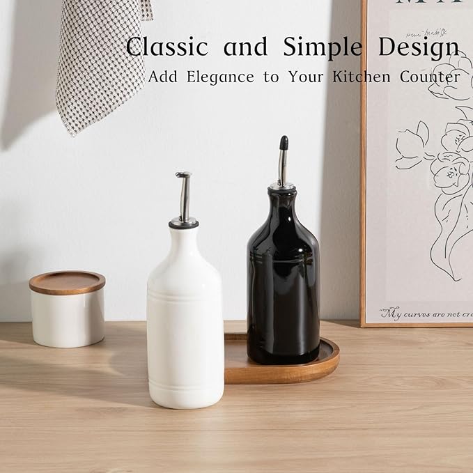 Sweejar Ceramic Olive Oil Dispenser Bottle Set, Opaque Oil Cruet Protects to Reduce Oxidation, Suitable For Storage Of Vinegar, Soy Sauce & Other Liquids,Pack of 2,15.5 Fl Oz（White Black）