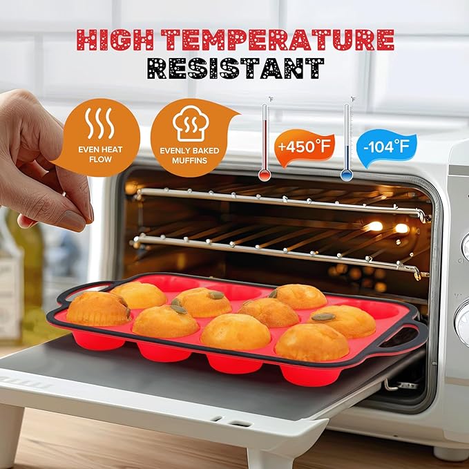 Silicone Muffin Pan, Metal Reinforced Frame Regular Size 2.8 Inch Cupcake Pan with Handle 12 Cups Nonstick Muffin Tray for Baking