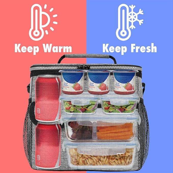 opux Insulated Lunch Bag for Men Women, Leakproof Heather Gray Lunch Box for Work, Portable Soft Lunch Cooler Bag with Shoulder Strap, Adult Lunchbox Lunch Pail for Kid Boy Girl School, 18 Can/10L