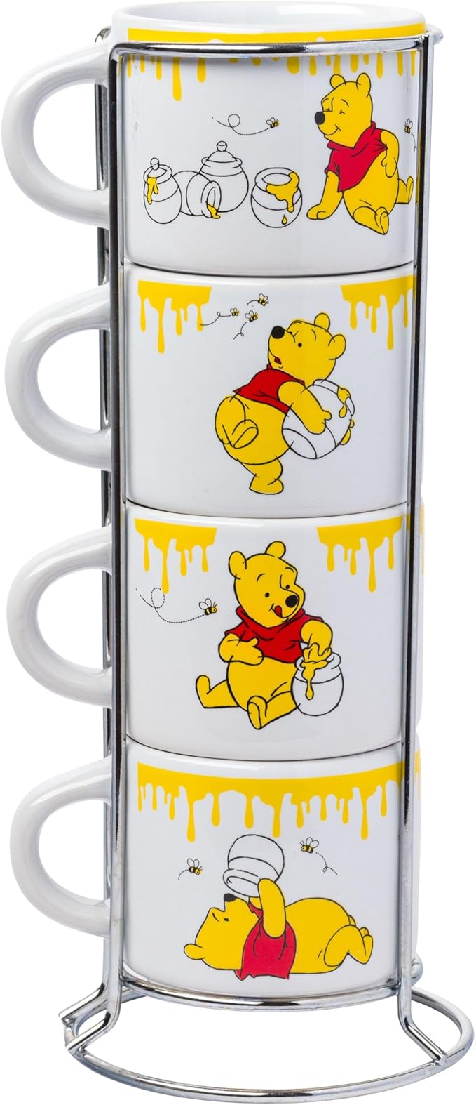 Silver Buffalo Disney Winnie the Pooh Honey "Hunny" Drips 4pc Stackable Ceramic Espresso Small Cup Set, 3 Ounces