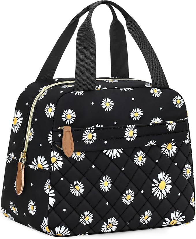 Insulated Lunch Bag for Women, Portable Lightweight Lunch Box for Adults, Reusable Small Lunch Tote Cooler Bags with Front Zipper Pocket for Work School Picnic(Black-Floral)