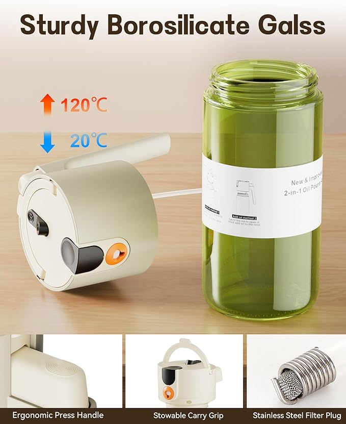 Upgrade 2 in 1 Oil Sprayer for Cooking, 17oz Light-Blocking Glass Olive Oil Dispenser Bottle for Kitchen,Food-Grade Oil Mister with 8 Stickers for Salad, Frying (Green Bottle-White Gap)