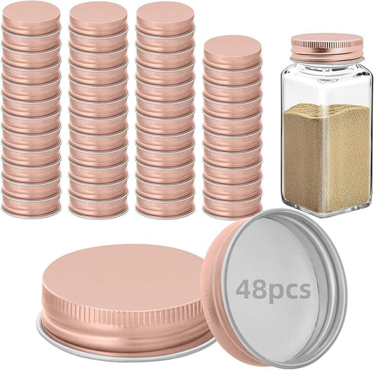 48 Pcs iron Jar Lids Lids for 4 oz and 6 oz Square Spice Jars Reusable Can Airtight Spice Storage Canning Lids for Nice Sealing Kitchen (Rose gold)