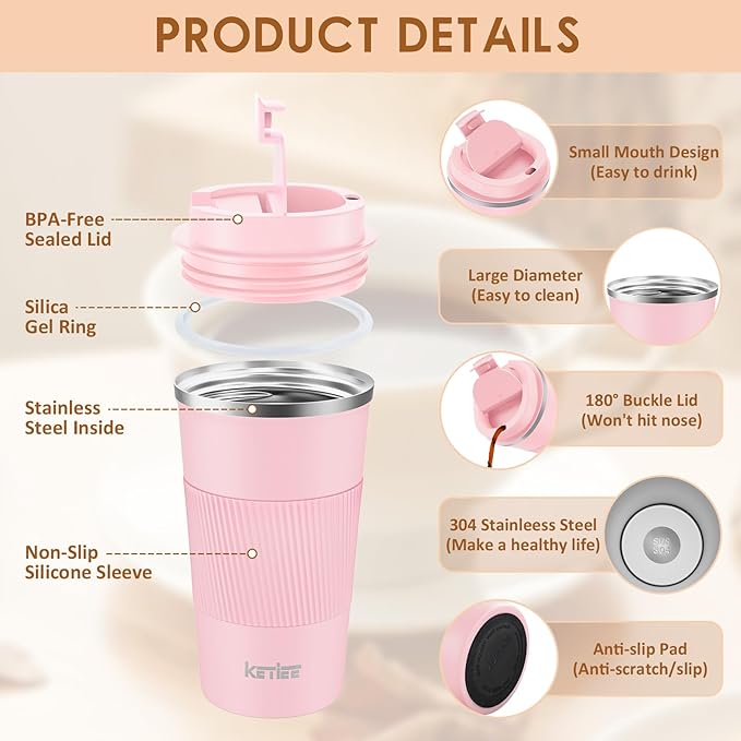 KETIEE 12oz Travel Mug, Insulated Coffee Cup with Leakproof Lid, Travel Coffee Mug Vacuum Stainless Steel Double Walled Reusable Car Tumbler for Hot and Cold Water Tea（Pink）