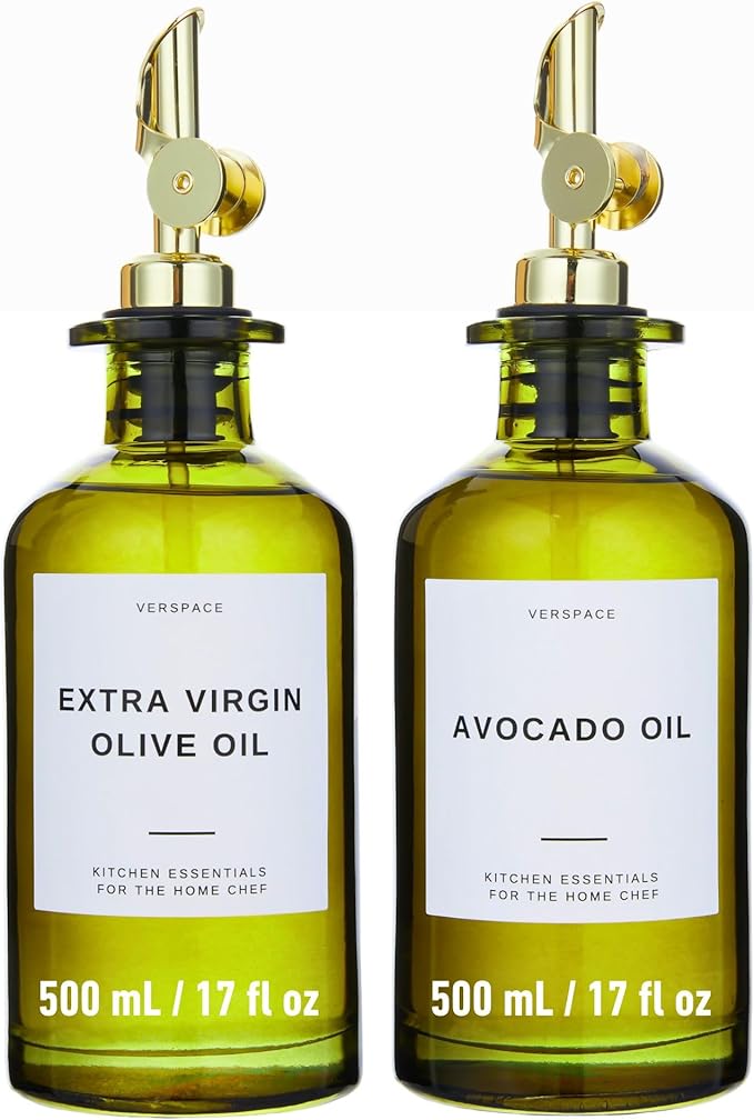 UV-Protected Green Glass Olive Oil Dispenser Bottles For Kitchen - Includes 40 Kitchen Essential Labels, Avocado Oil Dispenser Set, Modern Decor for Home, Airbnb, Cafe Set of 2