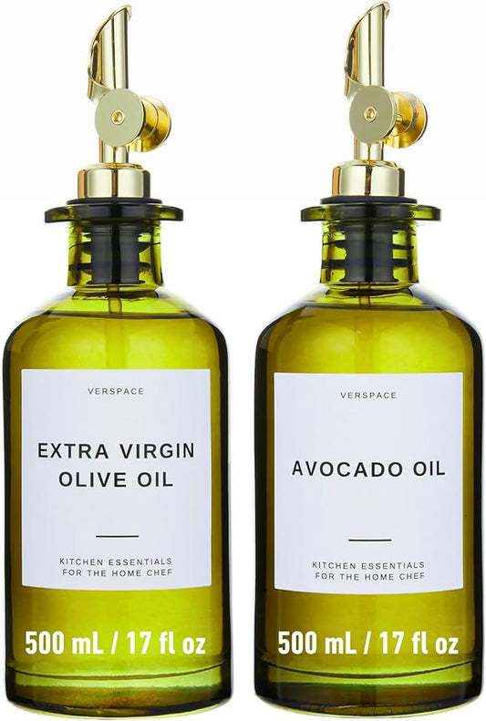 UV-Protected Green Glass Olive Oil Dispenser Bottles For Kitchen - Includes 40 Kitchen Essential Labels, Avocado Oil Dispenser Set, Modern Decor for Home, Airbnb, Cafe Set of 2