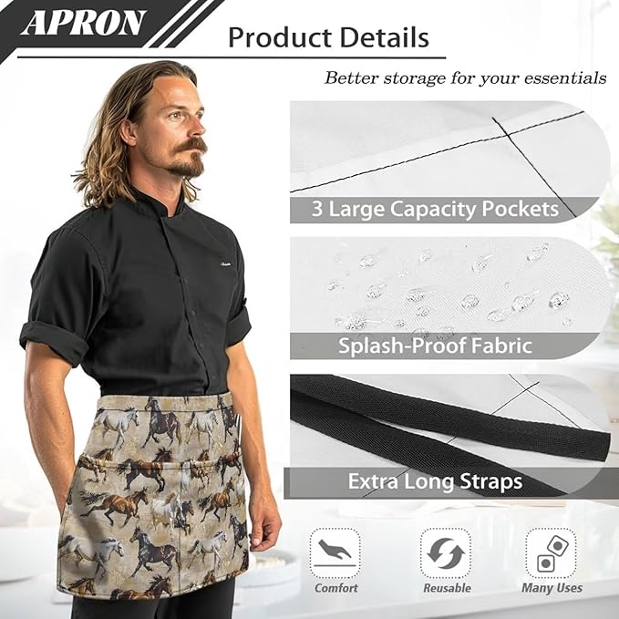 Server Waitress Waist Apron with 3 Pockets, Short Aprons for Servers,Waiter Apron For Waiter Accessories