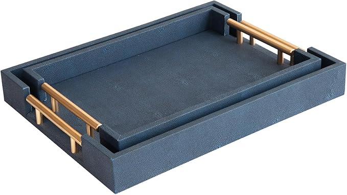 Modern Decorative Tray Set of 2, Blue Shagreen Leather Tray, Rectangle Serving Trays with Gold Polished Metal Handles, Ottoman Trays Coffee Table Perfume Kitchen Home Decor