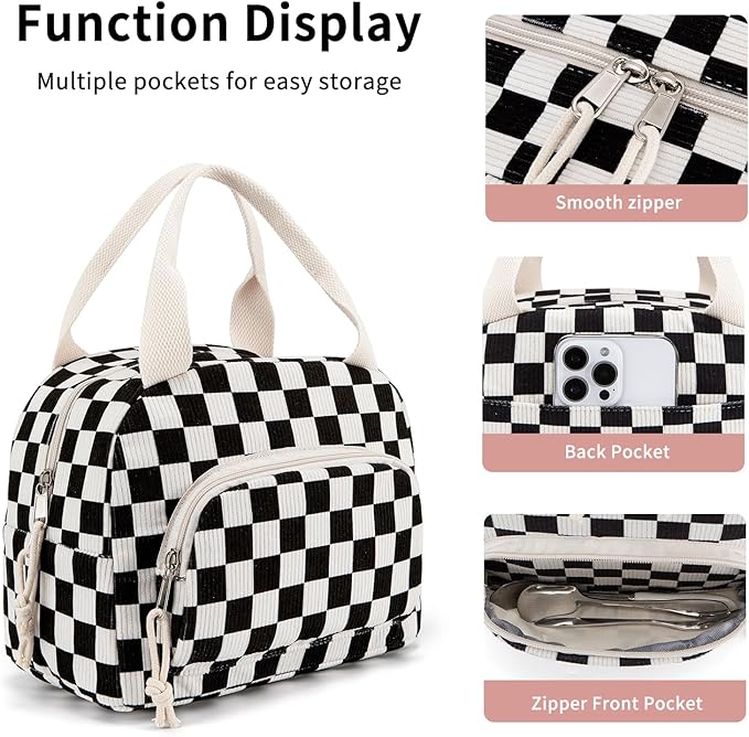 Lunch Bag Women Lunch Box for Women Adult Cute Insulated Lunch Bag Small Cooler Lunch Tote Bags for Work Picnic Travel (Black-White Plaid)