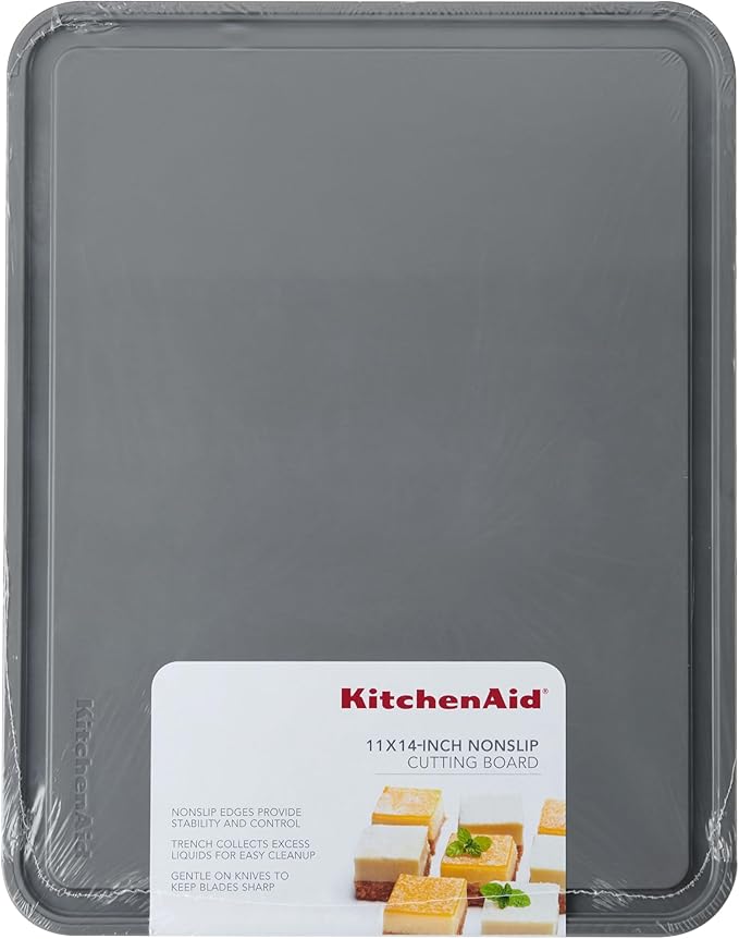 KitchenAid Classic Plastic Cutting Board with Perimeter Trench and Non Slip Edges, Dishwasher Safe, 11 inch x 14 inch, Gray