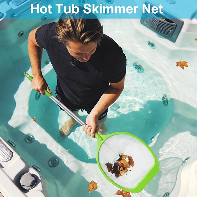 Hot Tub Skimmer Net with 26" Aluminum Handheld Pole, Deep Ultra Fine Mesh Bag for Fast Debris Removal, Small Pool Net for Cleaning Spas, Hot Tubs, Ponds & Kids Inflatable Pools, Green
