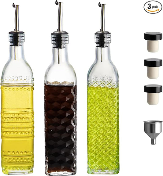 MDLUU Oil and Vinegar Dispenser Set, 17oz Clear Glass Olive Oil Bottles, Kitchen Vinegar Decanters with 3 Spouts, 3 Plugs, 1 Funnel, Pack of 3