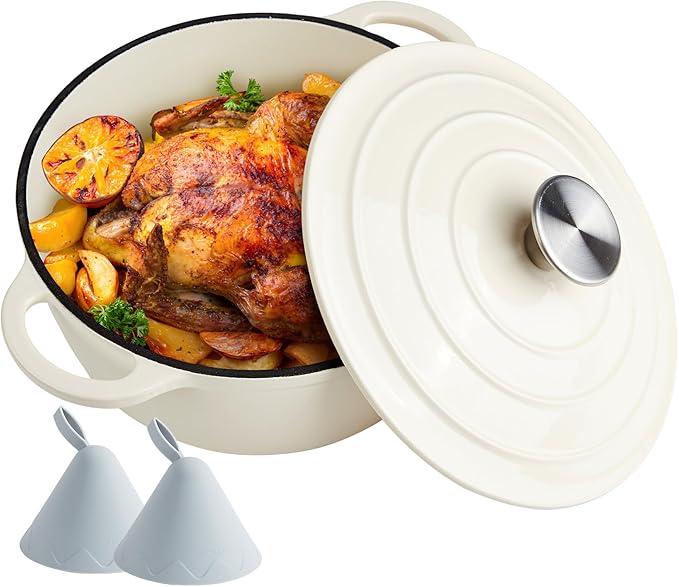 4 Quart Dutch Oven Enameled Cast Iron with Lid - Big Dual Handles - Oven Safe up to 500°F - Classic Round Pot for Versatile Cooking Cream