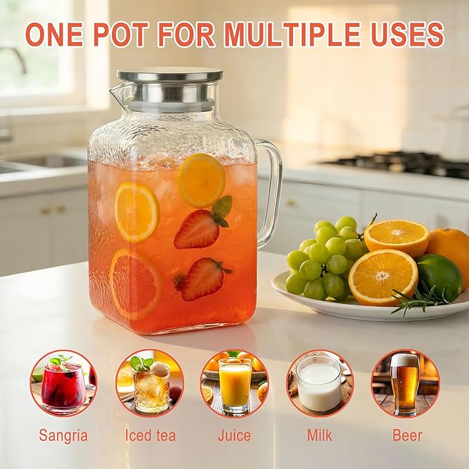 1 Gallon Glass Pitcher with Lid, Glass Water Pitcher with Handle for Fridge, Iced Tea Pitcher, Cold/Hot water jug,Large Jug for Coffee, Juice and Homemade Beverage（Free anti-scratch pad）