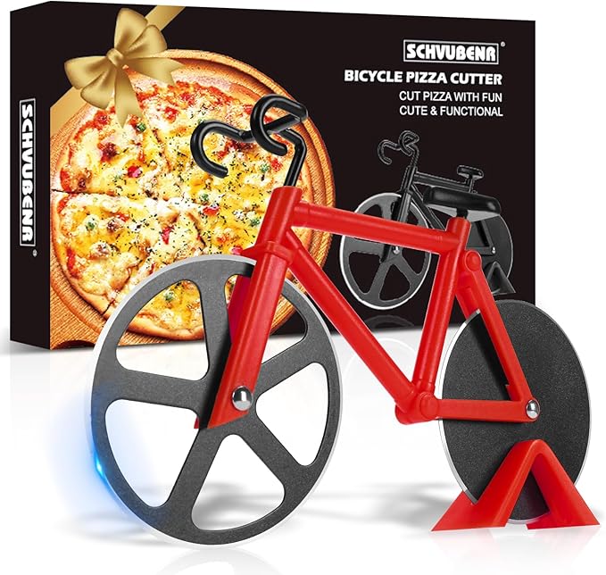 Bicycle Pizza Cutter Wheel - Gifts for Cyclists, Men, Dad, Bike Lovers - Funny Kitchen Gadgets - Cool Father’s Day, Christmas, Birthday, White Elephant Gifts - Stainless Steel Pizza Slicer(Red)