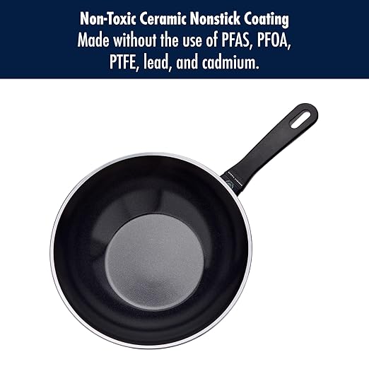 HENCKELS x EMERIL Lagasse Nola 11-inch Nonstick Wok with Lid, Heavy-Gauge Aluminum for Fast, Even Heat Cooking, Made in Italy, Black