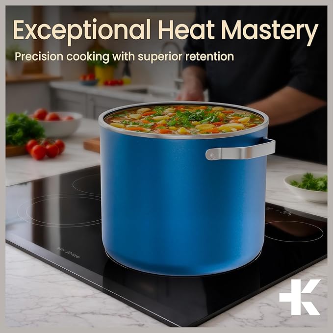 Bakken 12.5 Quart Ceramic Coated Stock Pot with Lid, Easy Clean Nonstick Pot, Tempered Glass Lid, Riveted Stainless Steel Handles, Oven Safe Up To 500°F, PTFE & PFAS Free, All Stove Compatible, Blue