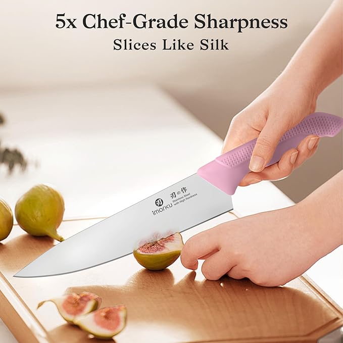 imarku Pink Kitchen Knife Set - 14-Piece Stainless Steel Knife Set with Block and Build-in Sharpener, Gift for Women, Anti-Slip Handle, Dishwasher Safe