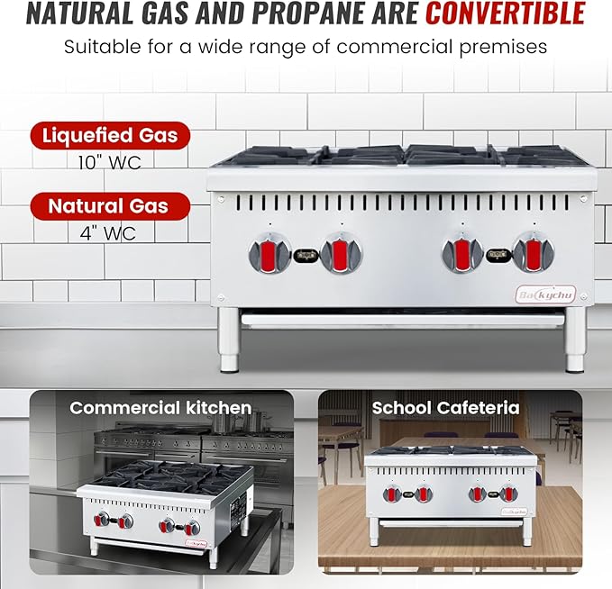 Commercial Gas Stove 4-Burner - 100,000 BTU Countertop Cooking Stove Range, Heavy-Duty Hot Plate, Stainless Steel Cooking Equipment for Restaurant, kitchens, Propane/Natural Gas