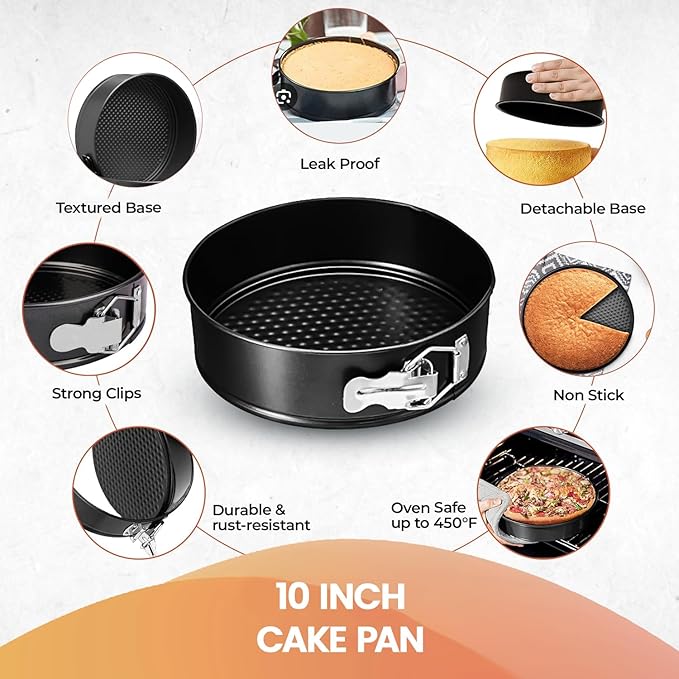 RFAQK 10 Inch Nonstick Springform Pan with Removable Bottom - LeakProof Cheesecake Pans with 50PCs Parchment Papers & Bonus Recipe e-Book - Perfect Baking Every Time