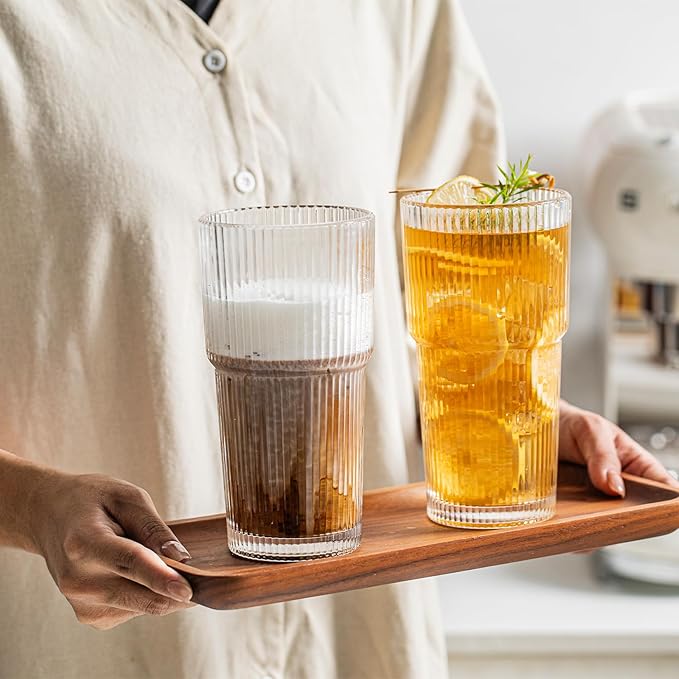 INSETLAN 20oz Ribbed Glass Tumbler Set of 4 – Large Capacity Drinking Glasses for Iced Coffee, Water, Juice, and Cocktails – Elegant Modern Glassware for Everyday Use and Special Occasions