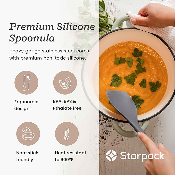 Starpack 'The All Rounder' Premium Silicone Spoonula - Upto 600F Heat Resistant Non Stick Grey 10" Silicone Spoonula Spatula for Cooking - LFGB Grade, Dishwasher Safe Kitchen Spoon Spatulas