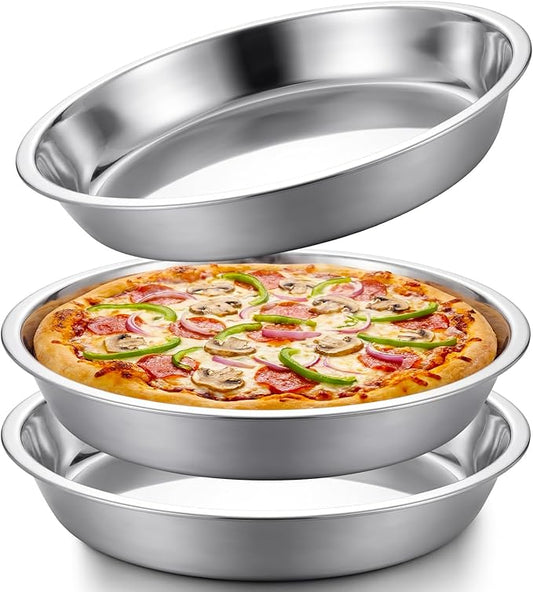 3 Pcs Deep Stainless Steel Pie Pan Set - Thickened Metal Baking Pans for Oven, Rust Proof Pie Plates for Kitchen (11 Inches,Larger Size)
