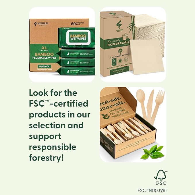 Weemium Disposable Wooden Cutlery Set - 300 Count (100 Forks, 100 Knives, 100 Spoons) – Plastic-free Packaging - Biodegradable Silverware and Splinter-free Compostable Utensils for Parties