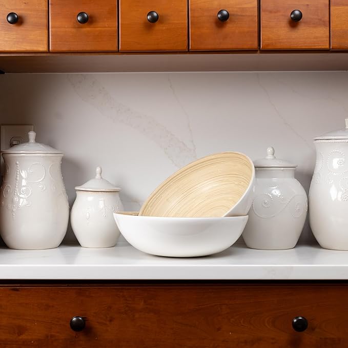 LEXA 12" Handmade Bamboo Salad Bowl – 130 oz Large Wooden Fruit Bowl for Kitchen Counter, White, Pack of 2