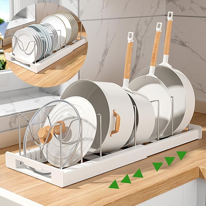 Pots and Pans Organizer Under Cabinet Pot Rack: Expandable Pot Lid Holder with 7 Adjustable Dividers for Kitchen Storage Cutting Boards, Bakeware, Lid, Black
