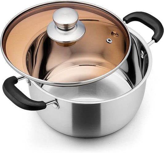 E-far 4 Quart Stock Pot, Stainless Steel Metal Soup Pot with Glass Lid for Cooking, Healthy & Rust Free, Heavy Duty & Dishwasher Safe