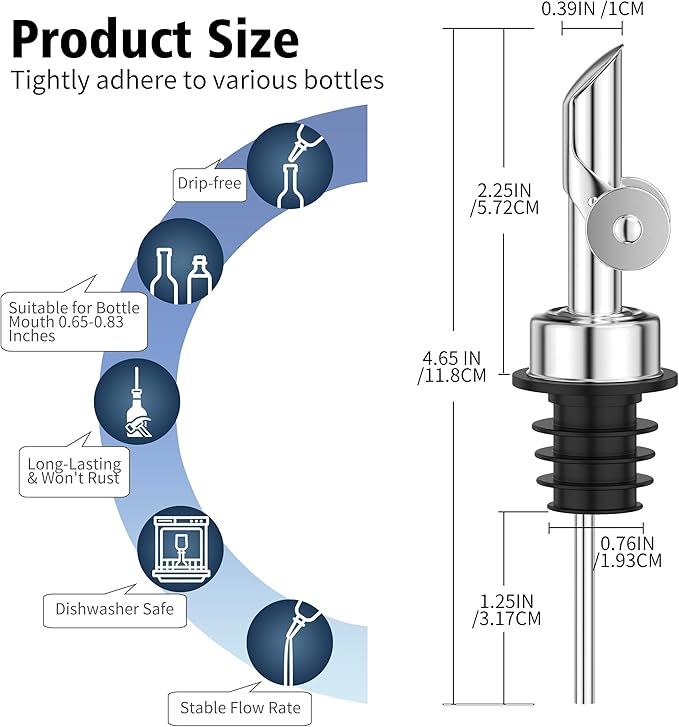 Auto Flip Liquor Pour Spouts 12-Pack, Leak-Proof 304 Stainless Steel Wine Pourer & Olive Oil Dispenser with Food-Grade Silicone for Kitchen, Bar, Restaurant (Silver)