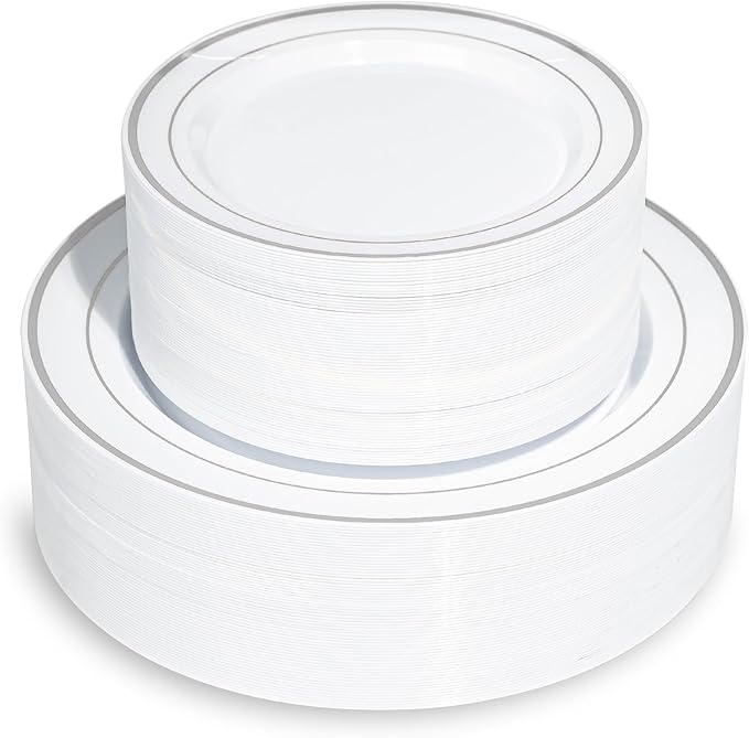 200PCS Sliver and White Plastic Plates, Disposable Party Plates with Silver Rim, Include 100 Dinner Plate and 100 Elegant Dessert Plate for Party and Wedding