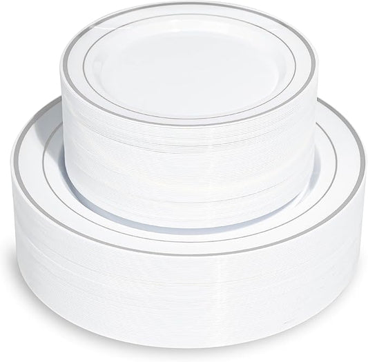 200PCS Sliver and White Plastic Plates, Disposable Party Plates with Silver Rim, Include 100 Dinner Plate and 100 Elegant Dessert Plate for Party and Wedding