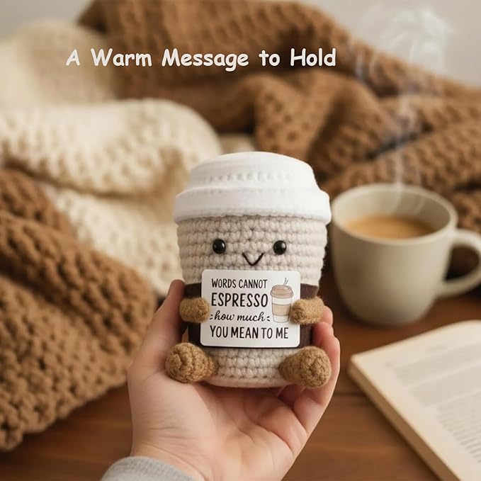 Coffee Lovers Cute Birthday Gifts for Women Men Positive Crochet Espresso Coffee Cup Desk Decor–Funny Emotional Gift for Best Friends Girlfriend Wife Husband Coworkers Thank You Valentins