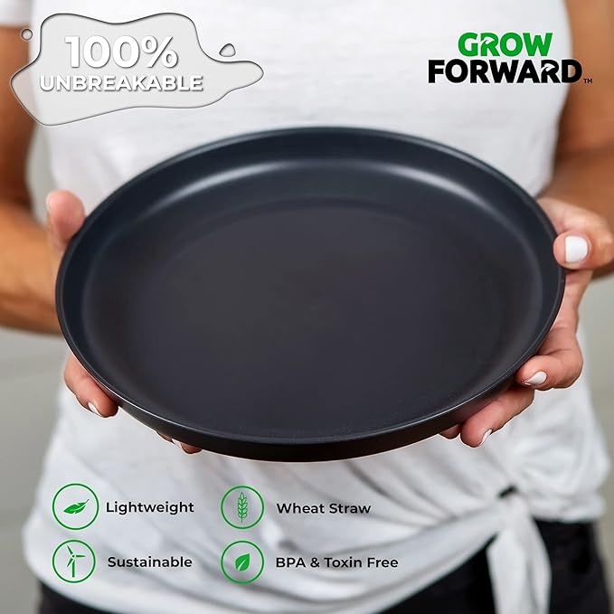 Grow Forward Premium Wheat Straw Plates - 10 Inch Reusable Hard Plastic Dinner Plates Set of 8 - Unbreakable Microwave Safe Plates for Dessert, Camping, RV, Outdoors, Patio, Kitchen Dishes - Midnight