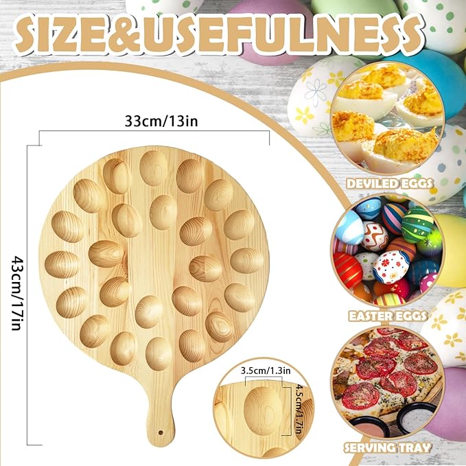 Deviled Egg Platter,Wooden Deviled Egg Tray,Reversible 24 Holes Round Egg Holder Container Charcuterie Board for Kitchen Countertops,Serving Tray