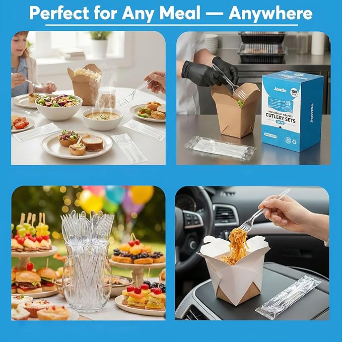Individually Wrapped Plastic Cutlery Set with Napkin - 100 Pack Heavy Duty Disposable Forks, Spoons, Knives - Sanitary Wrapped Utensils Packets for Restaurants, Catering, Takeout, Parties (Clear)