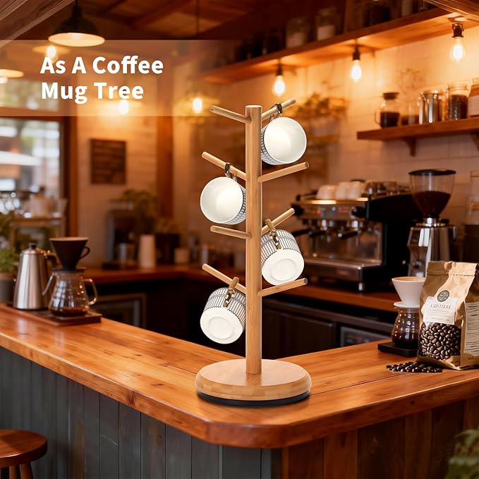 BAMBANG Mug Holder Tree, 360° Rotating 8 Hooks Coffee Cup Holder for Counter Top, Bamboo Coffee Mug Rack Stand for Kitchen Countertop Home, Natural