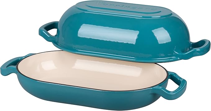Enameled Cast Iron Sourdough Bread Oven, Dutch Oven, Loaf Cast Iron Bread Pan for Homemade Bread Baking, Meatloaf Pan with Lid, 5QT, Bluegreen