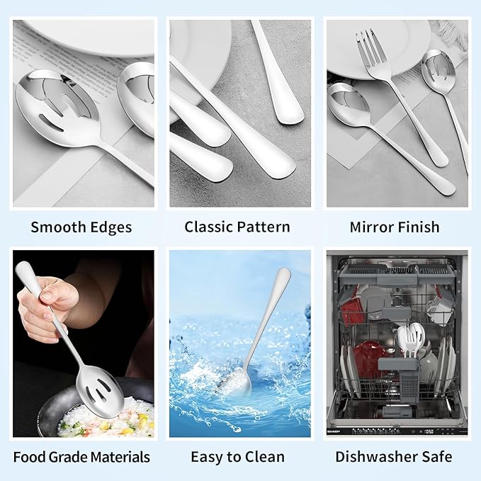 6PCS Serving Spoons and Forks Set- Solid Spoon x 2, Slotted Spoon x 2, Solid Fork x 2, 8.66inch Stainless Steel Serving Utensils for Buffet Party Dinner Banquet Cooking Kitchen