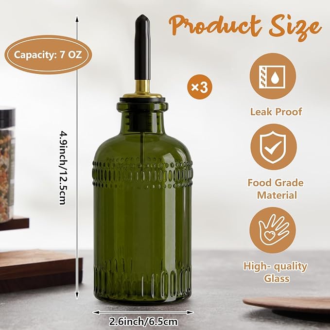 3 Pack Olive Oil Dispenser 7oz, Olive Green Glass Bottle with Metal Spout and Lid, Vinegar Cruet Kitchen Small Oil for Cooking, Salad, Baking (Elegant)