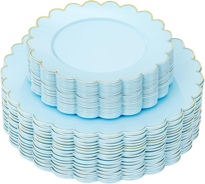 LIYH 60 Pcs Baby Blue Plastic Plates with Gold Edge - Disposable Light Blue Plastic Easter Plates Includes 30 Dinner Plate 10.25" and 30 Dessert Plate 7.5" for Party Birthday Easter