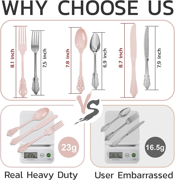 WDF 120 Pieces Heavy Duty Pink Plastic Cutlery Set - Disposable Utensils - Disposable Flatware Includes 40 Forks, 40 Spoons, 40 Knives for Party Baby Shower Wedding Spring Easter