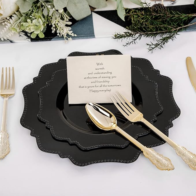 COLOSUS Black Plastic Plates Set,Heavy Duty Black Disposable Plates for 30 guests,Include 30PCS 10.5inch Dinner Plates and 30PCS 8.25 inch Dessert Plates for Party/Wedding/Birthday