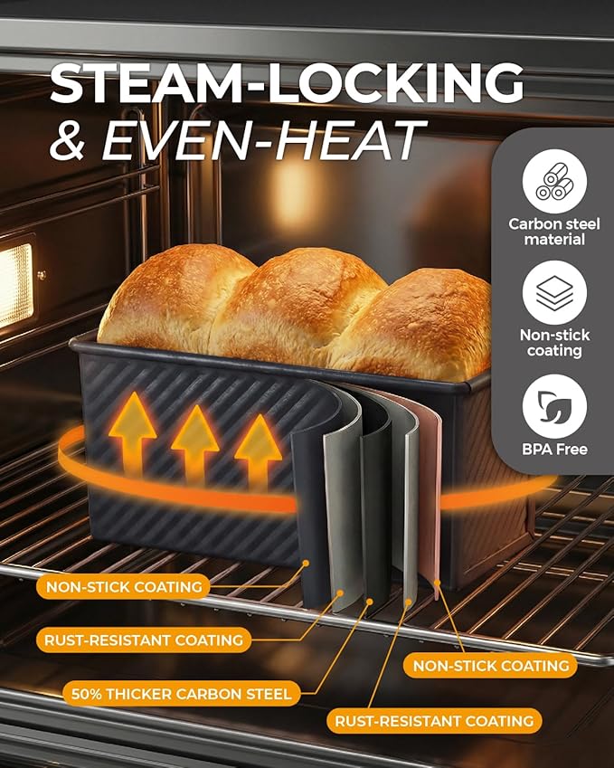 CARTMAN 3-Piece Pullman Loaf Pan with Lid Set – Non-Stick Carbon Steel Bread Pan with Bottom Vents – Includes Large (12.4"), Medium (8.2") & Mini (6.3") Sizes plus Silicone Tools – Classic Black