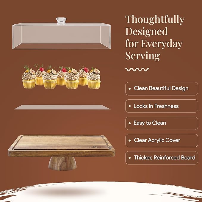 Acacia Wood Cake Stand with Lid - Rectangular Cake Holder, 2-in-1 Dessert Table Display Set & Charcuterie Board for Cheese, Chips, Fruit Platter, Large Acrylic Cake Dome Cover, No Glass